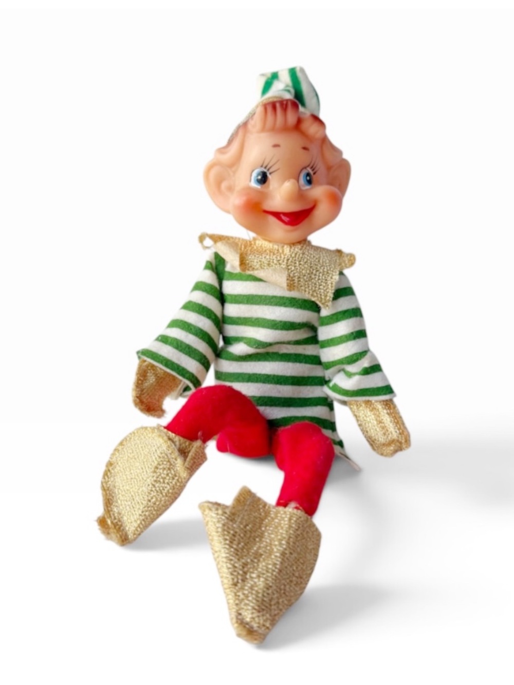 Vintage Pixie Elf Green Felt Stripe Bell Christmas Ornament NOEL JAPAN Label